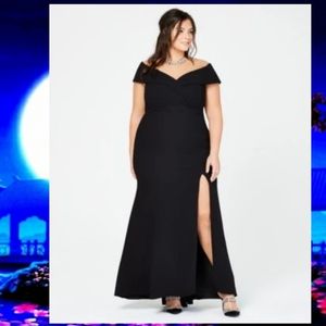 Xscape off-shoulder black sweetheart collar gown